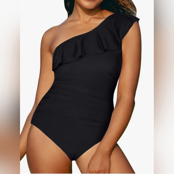 Loguin One piece, one shoulder ruffle black Bathing suit size S - Picture 1 of 8